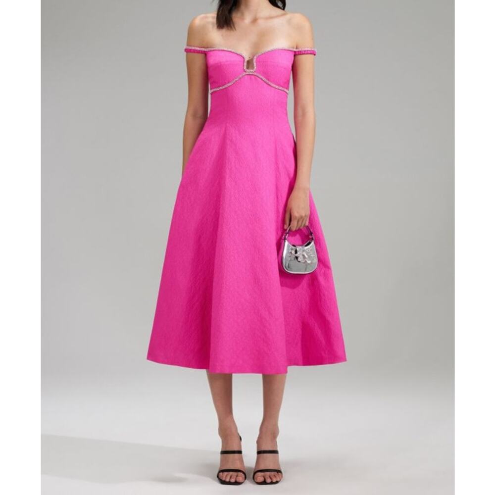 Self-Portrait Magenta Pink Off Shoulder Diamante Ballerina Midi Dress NWT Size 6
